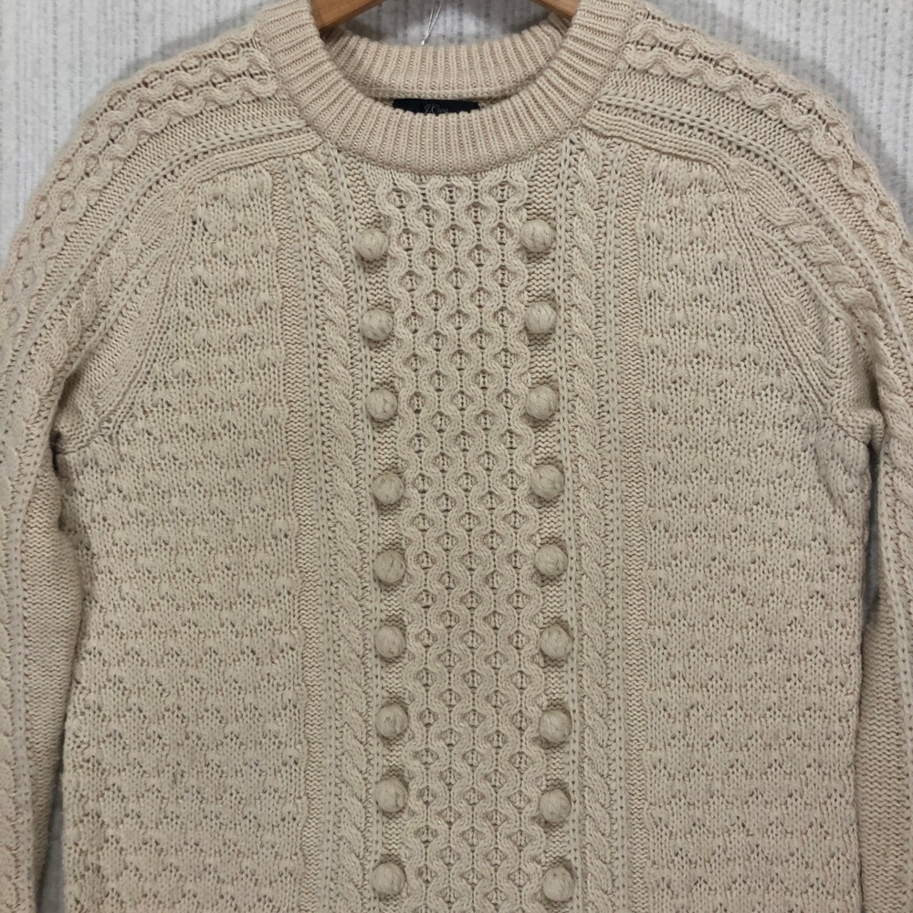 J. Crew Cable Knit Pom Pom Sweater Cream Lambswool Blend Womens Small